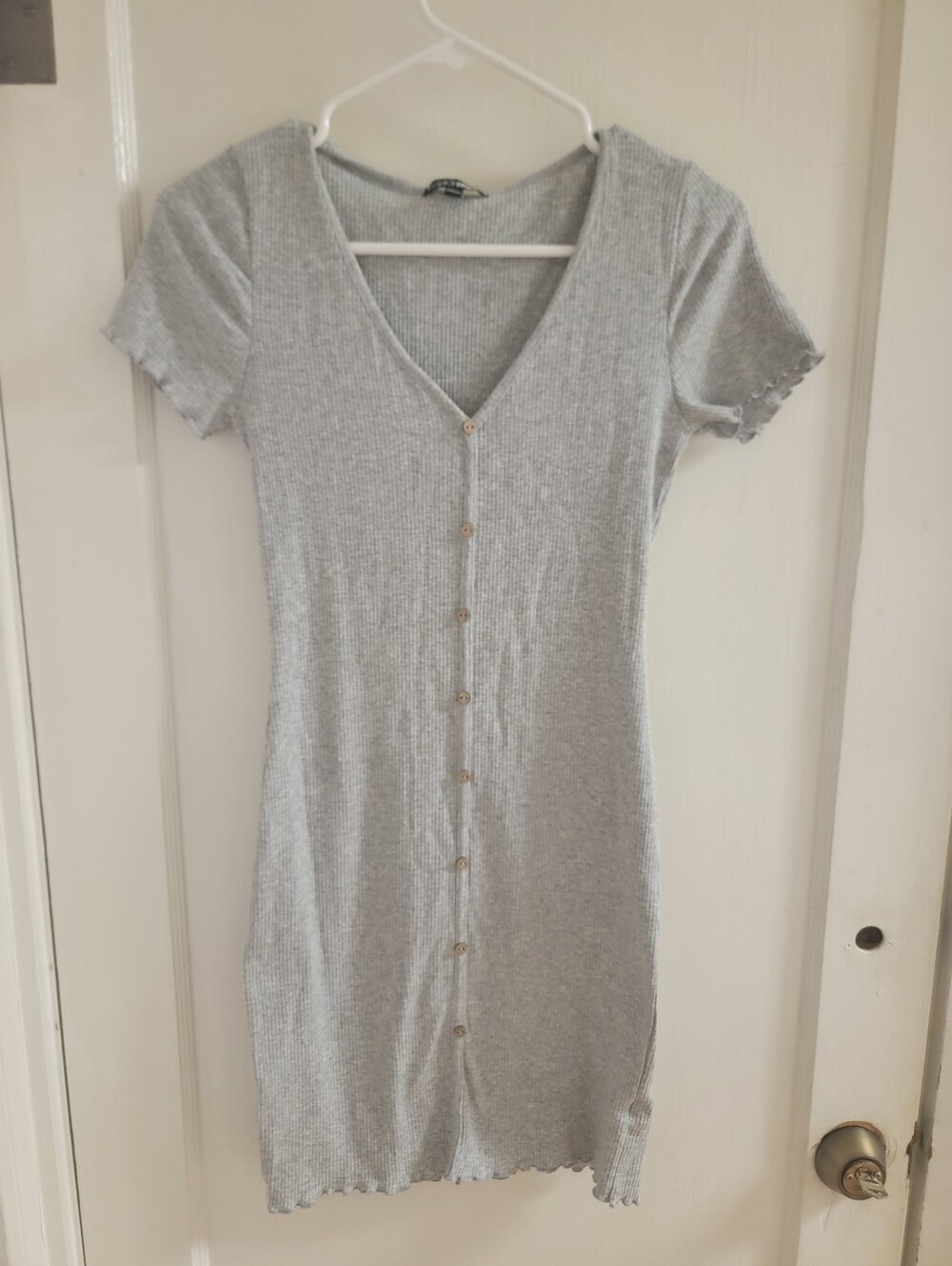 Fashion Nova Grey Ribbed Button-Front V-Neck Mini Dress
